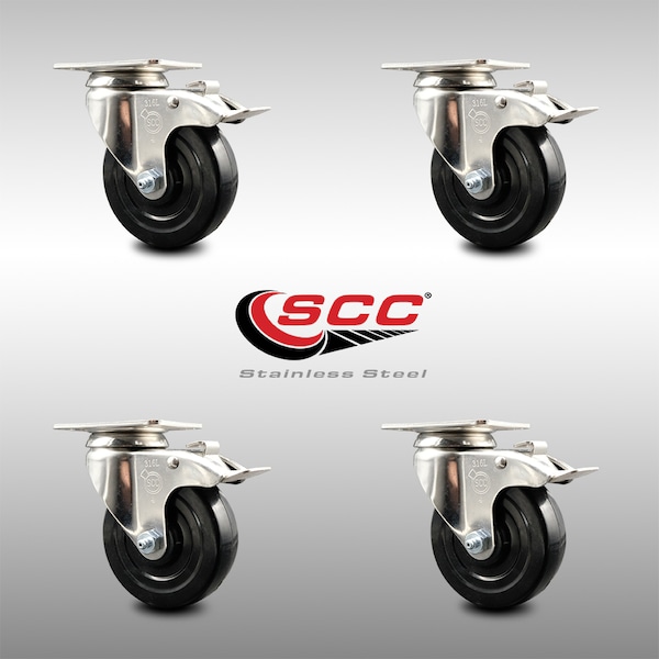 4 Inch 316SS Hard Rubber Wheel Swivel Top Plate Caster Set Total Lock Brake SCC